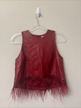 Hutch Jojo Red Vegan Leather Crop Top with Feather Hem